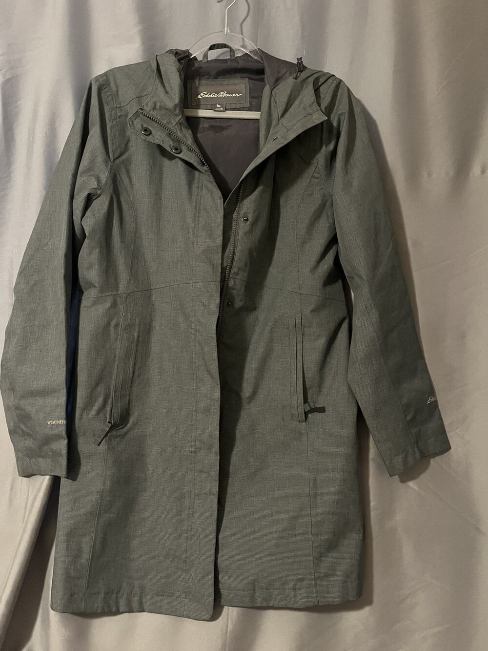 Eddie Bauer Womens's hooded Rain Jacket Gray Micro Check full zip & Snap